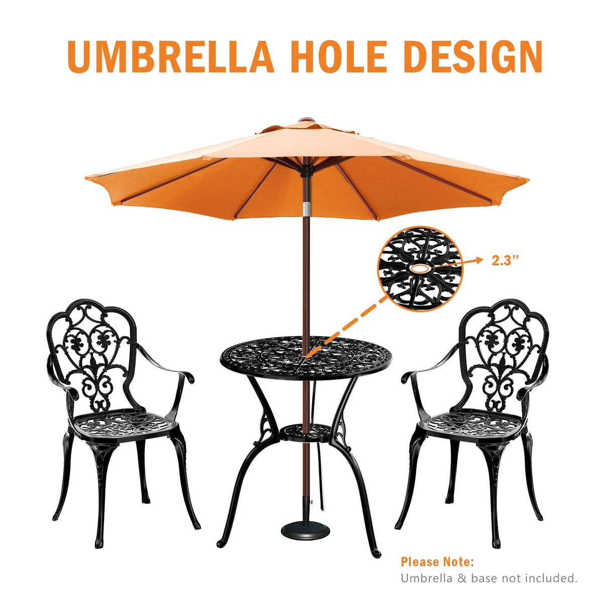 Z1UVDFUR Patio Bistro Set of 2, Cast Aluminum, Outdoor Set w/Umbrella Hole, 3 Piece Table and Chairs Set, Bistro Set for Backyard/Garden/Lawn, Black Z1UVDFUR