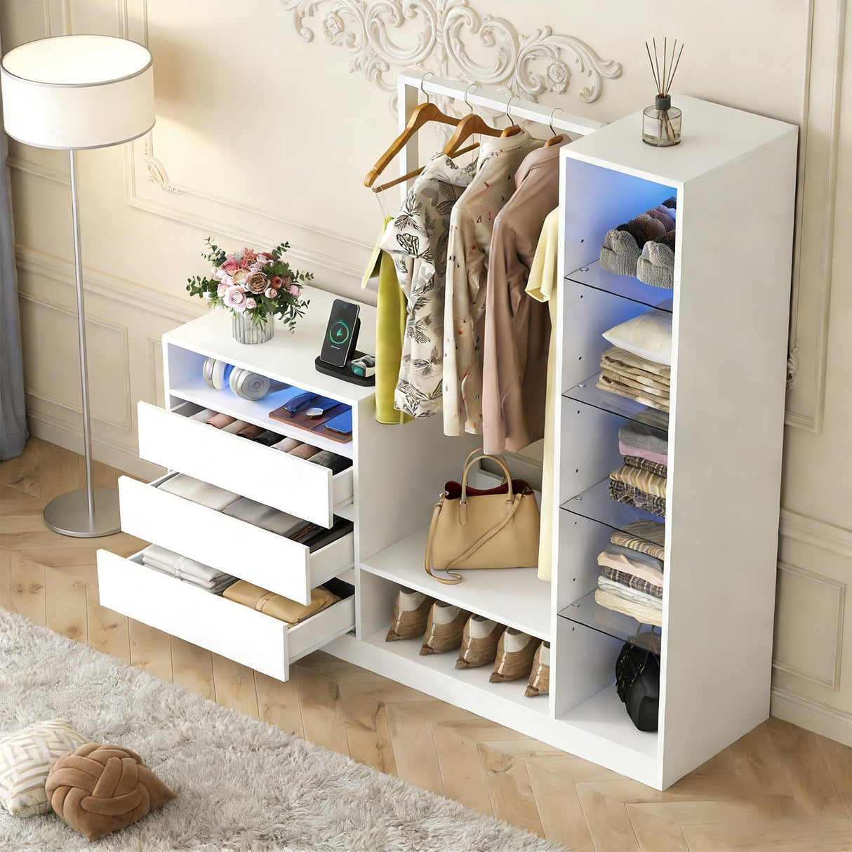 Wardrobe Dresser with Hanging Rack and Drawers - Led Wardrobe Dresser Combo with Charging Station, White Closet Organizers and Storage with Open Shelves, Armoire Clothes Cabinet for Bedroom (White) Auromie