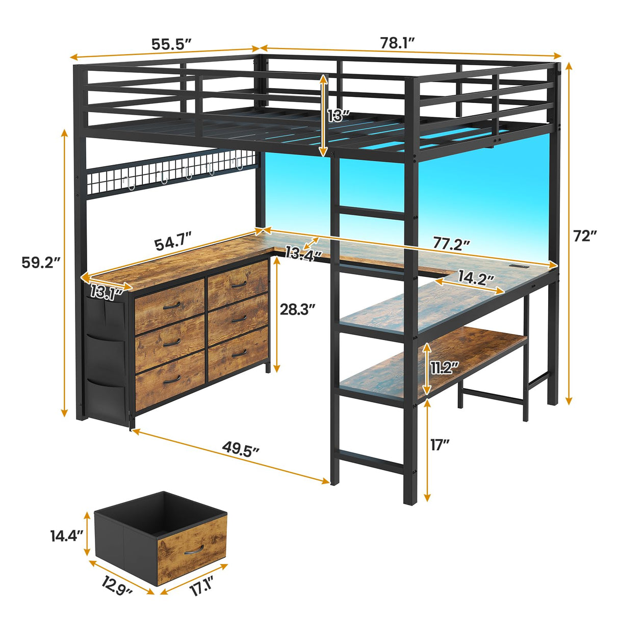 ADORNEVE Loft Bed Full Size with U-Shaped Desk, 6 Storage Drawers, Power Outlet, LED Metal Loft Bed with 2 Storage Shelves, Bed with Safety Guardrail & Ladders, No Box Spring Needed, Rustic Brown ADORNEVE