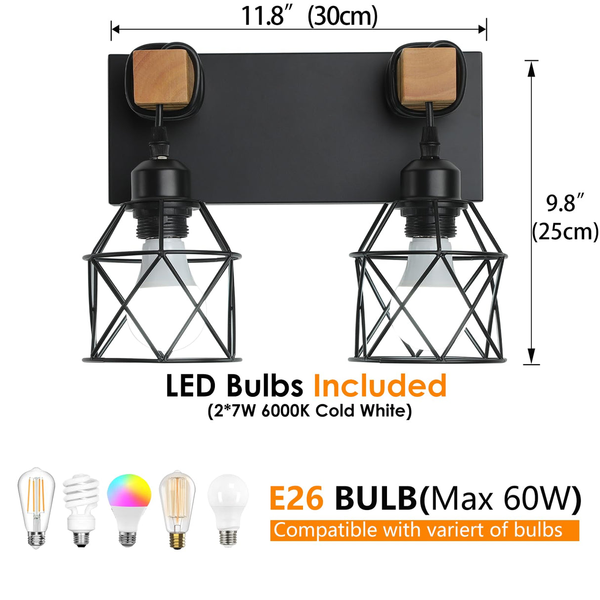 Farmhouse Vanity Light Fixture,2-Light Bathroom Lighting,Black Industrial Wood Wall Light Over Mirror with Metal Shade,LED Bulbs Included vivihobb