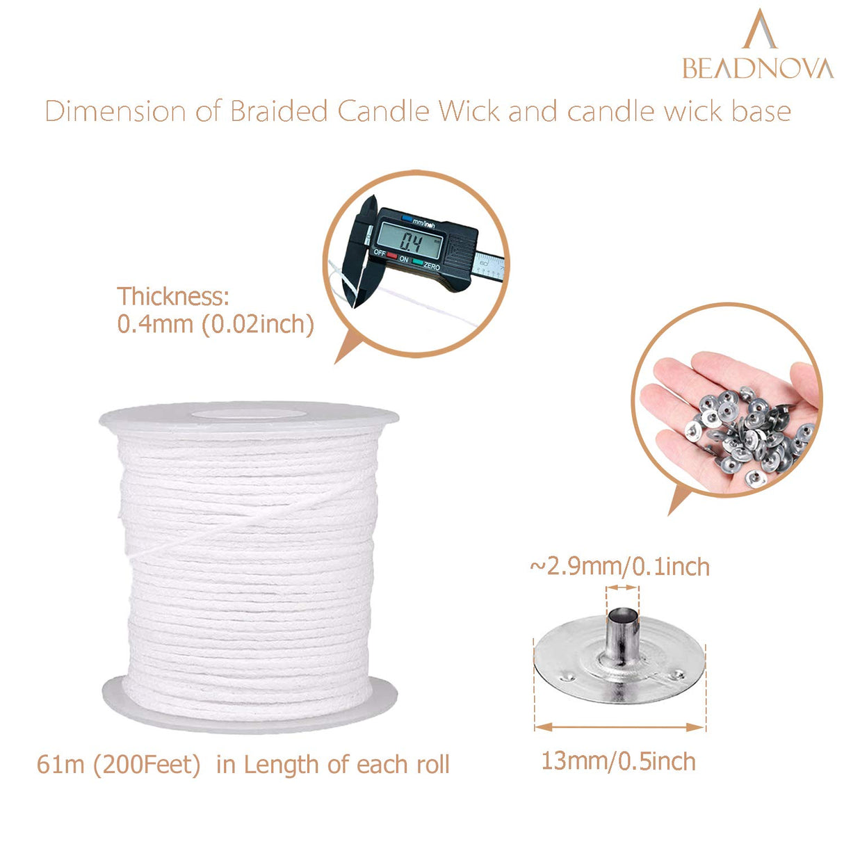 BEADNOVA Braided Candle Wick Spool with Base Set 200 ft Cotton Candle String Roll and 300pcs Wick Clips Sustainer Tabs for Making DIY BEADNOVA