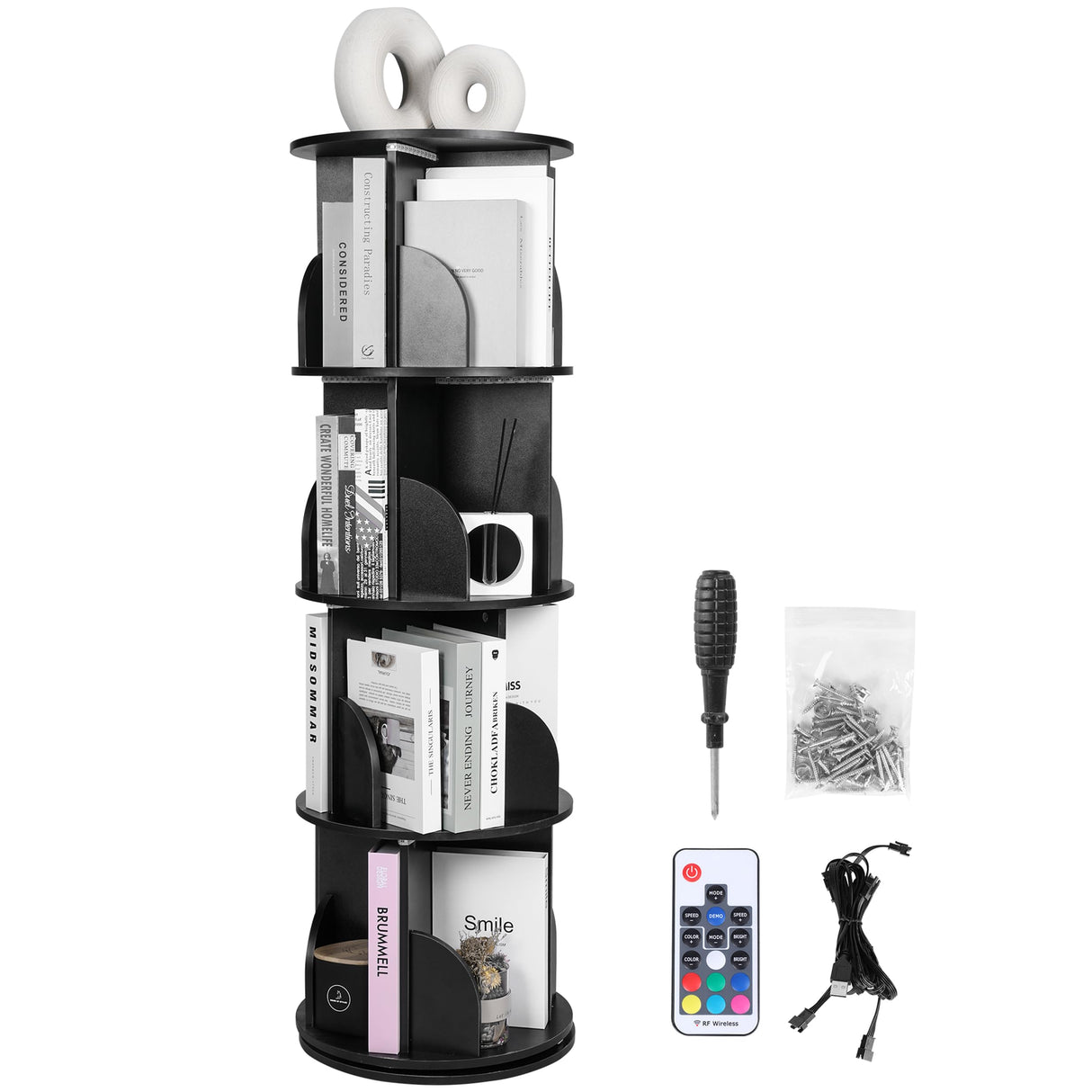 Black Rotating Book Shelf with LED Lights Generic