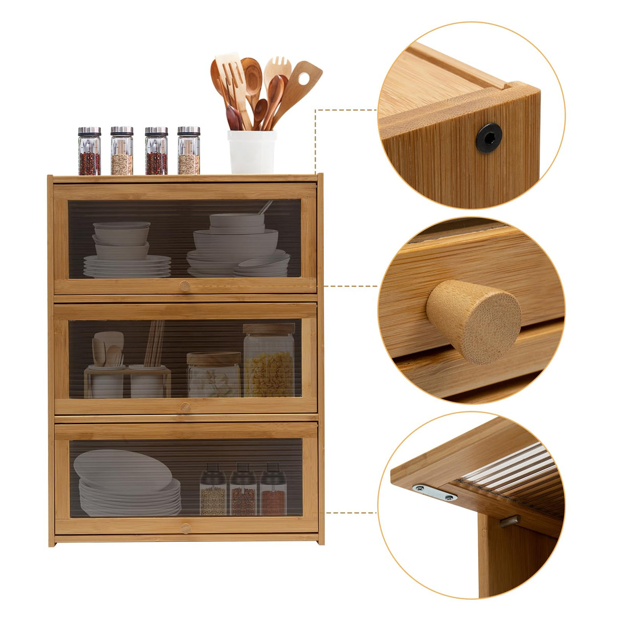 LARIDEN 3 Tiers Bamboo Storage Cabinet for Kitchen Countertop, Freestanding Pantry Cabinet with Flip-Up Door Organizer Shelf for Spice Seasoning Bottles, Plates, Cups Storage Cabinet LARIDEN
