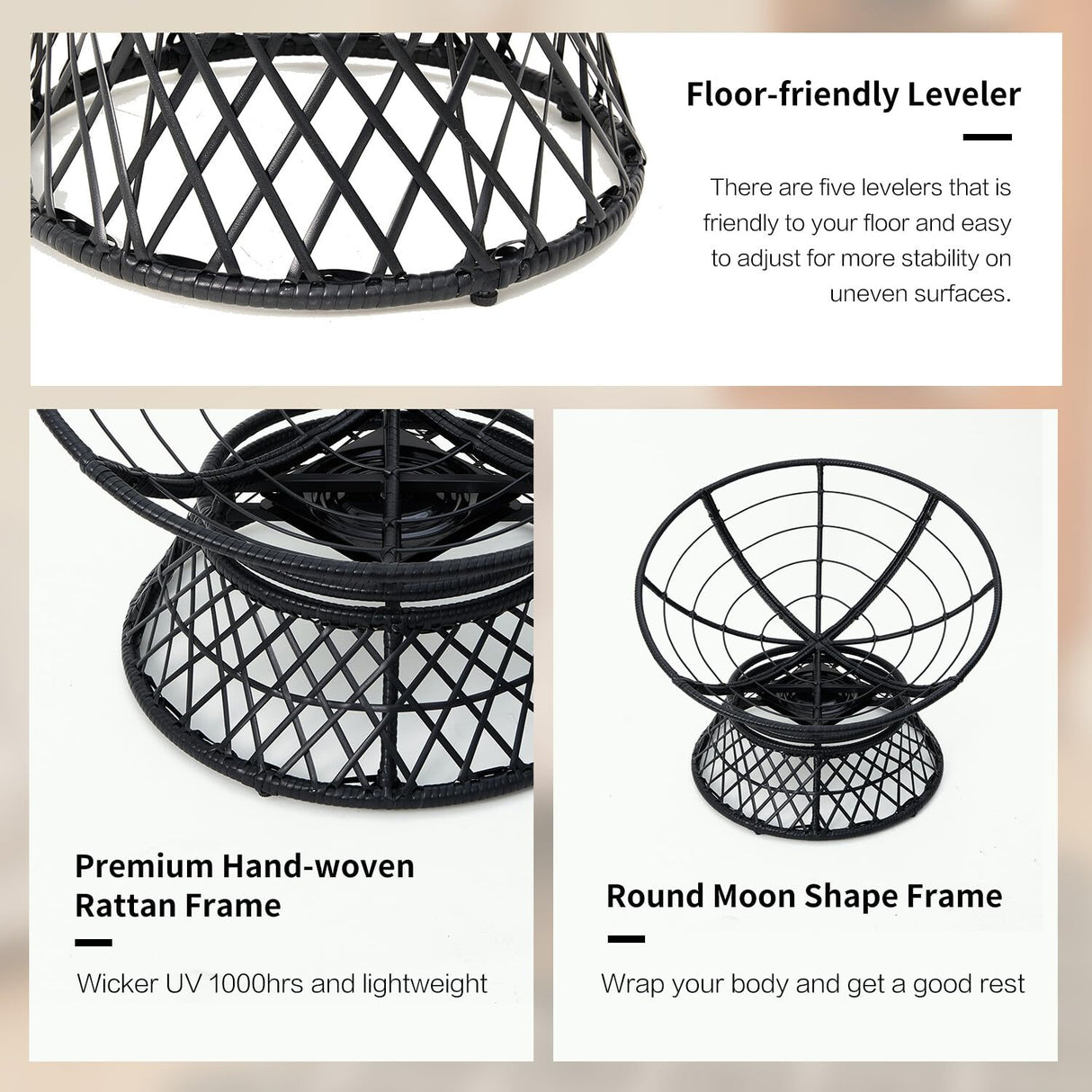 Hubhalsun 360° Swivel Papasan Chair - 350lbs Capacity Indoor/Outdoor Wicker Lounge Chair with Thick Cushion, Modern Accent Chair for Living Room, Bedroom, Patio Hubhalsun