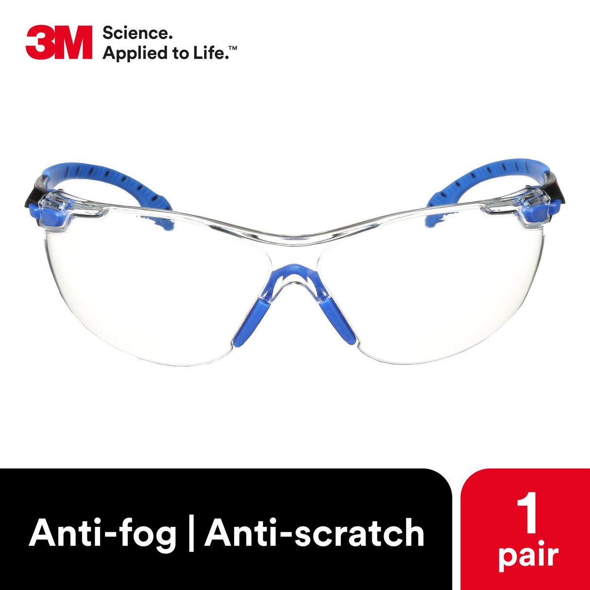 3M Safety Glasses Solus 1000 Series ANSI Z87 Scotchgard Anti-Fog Clear Lens Low Profile Blue/Black Frame 3M