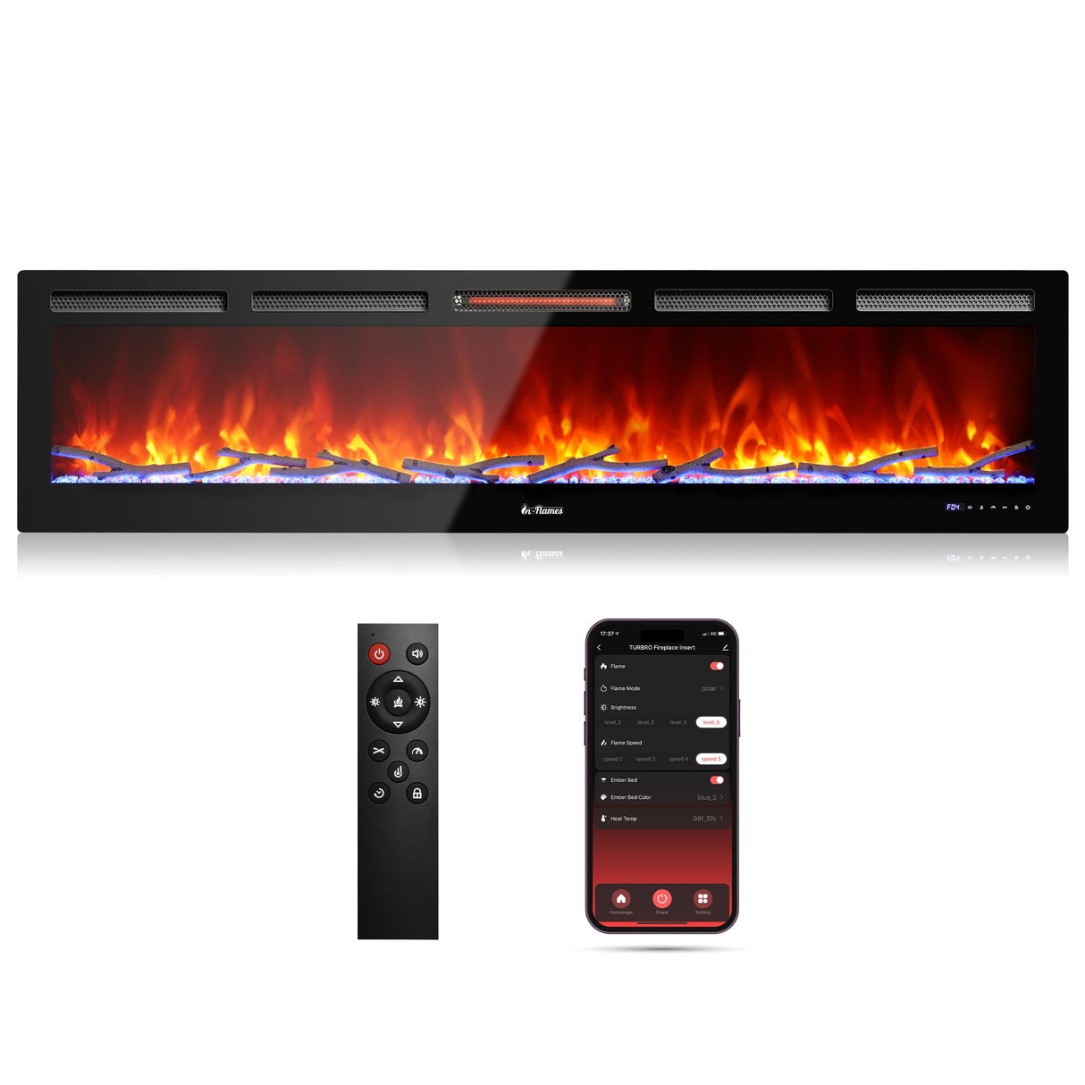 TURBRO 72” Smart WiFi Infrared Electric Fireplace with Sound Crackling and Realistic Flame, 1500W Quartz Heater, Recessed or Wall Mounted, Adjustable Flame Effects, Remote Control and App, in Flames TURBRO
