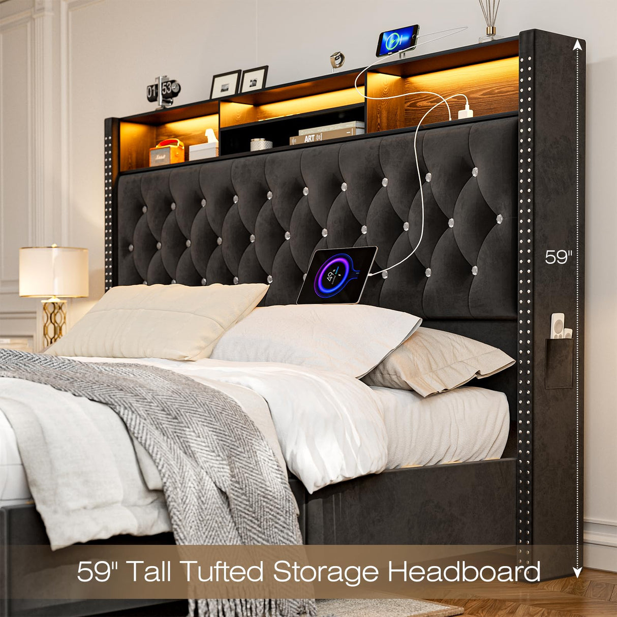 CIKUNASI Upholstered King Size Bed with Headboard and Storage, 60" Tall with 2 Drawers, Tufted Wingback Bed LED Light, Charging Station, No Box Spring Needed CIKUNASI