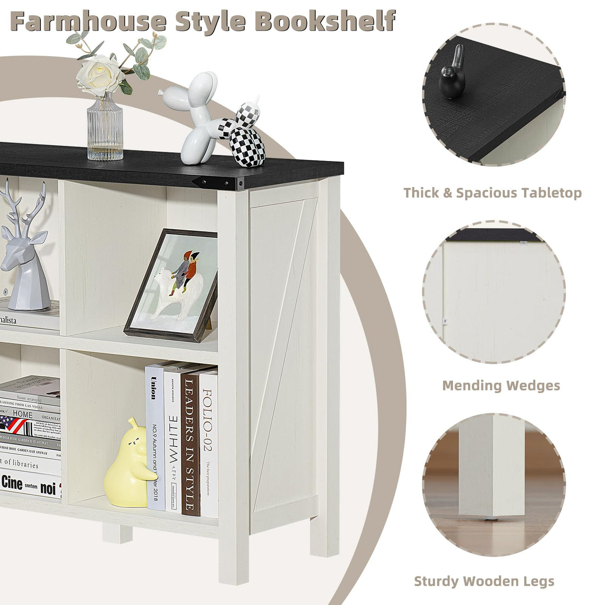 Joaxswe Rustic Farmhouse 6-Cube Bookcase in Antique White & Black for Elegant Storage Solutions Joaxswe