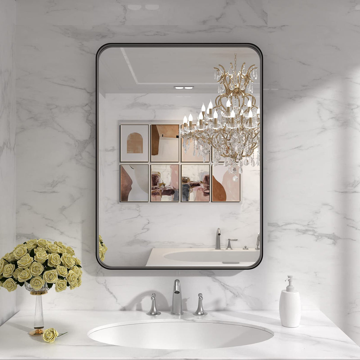 LOAAO Black Metal Framed Bathroom Mirror for Wall, 22X30 Inch Rounded Rectangle Mirror, Matte Black Bathroom Vanity Mirror Farmhouse, Anti-Rust, Tempered Glass, Hangs Horizontally or Vertically LOAAO