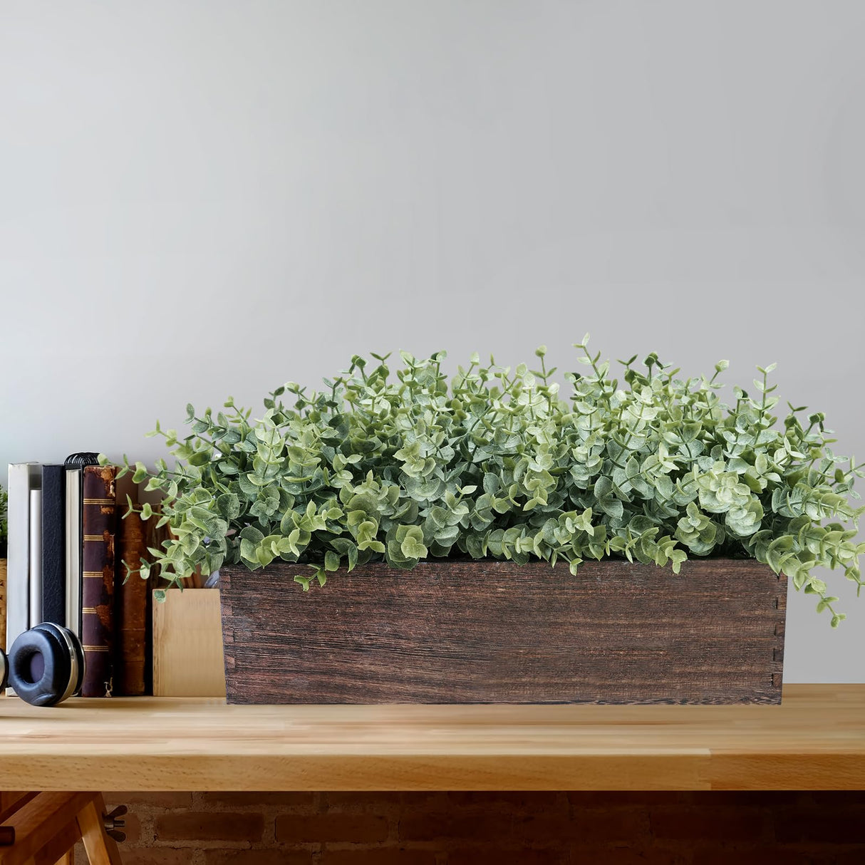 Winlyn 14" Artificial Eucalyptus in Rectangular Wood Planter Box Faux Plants Arrangement Centerpiece Wooden Potted Eucalyptus Plant for Farmhouse Wedding Dining Table Centerpiece Greenery Mantel Décor Winlyn