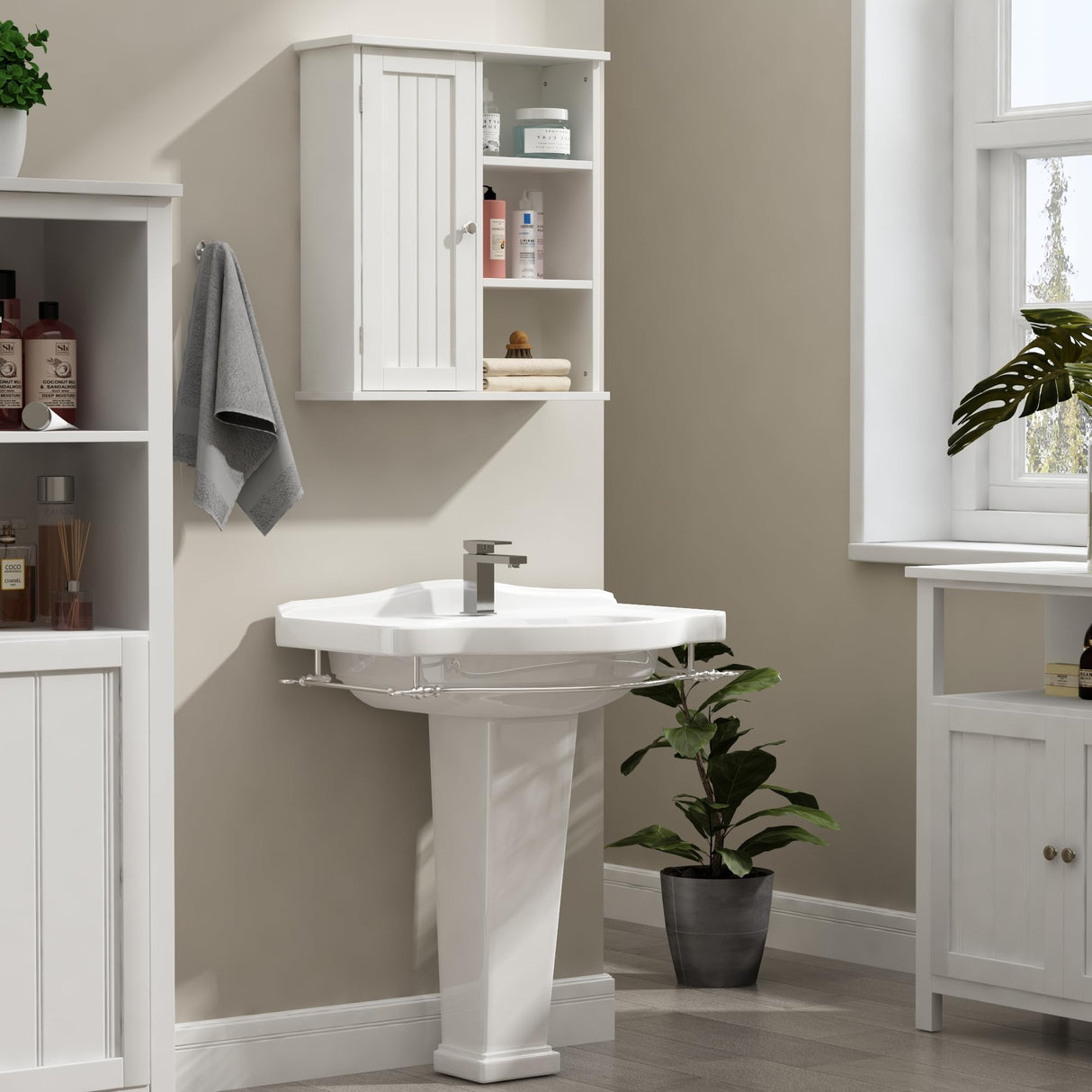 Treocho Bathroom Wall Cabinet, Medicine Cabinet with Door and 3 Open Shelves, Wall Mounted Storage Organizer for Bathroom, Kitchen, Living Room, White Treocho