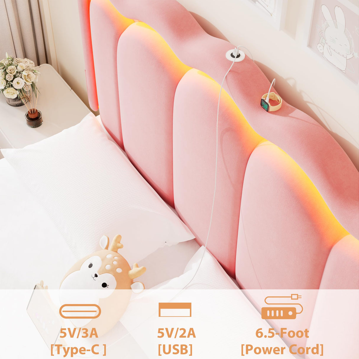 Full Upholstered LED Bed Frame with 2 Storage Drawers and Adjustable Chic Double Wavy Headboard, Velvet Princess Platform Bed with Charing Station, Solid Wood Slats Support,No Box Spring Needed, Pink Jocoevol