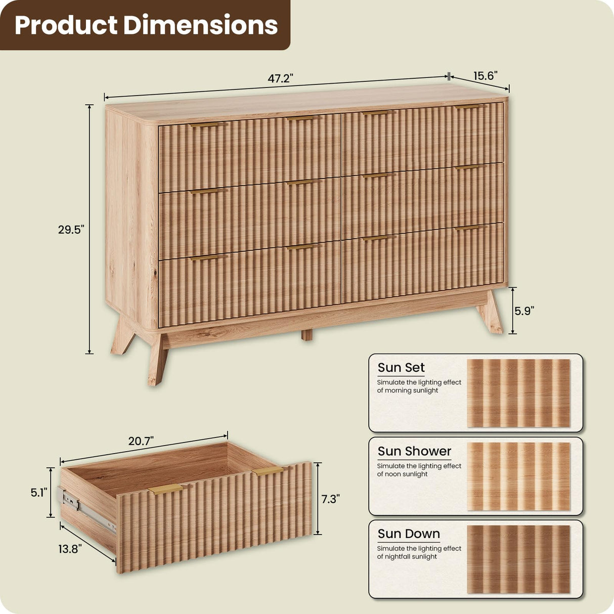 TROJM 47'' Wide 6 Drawers Dresser for Bedroom,Modern Fluted Vertical Chest with Rounded Corners,Fluted Dresser for Living Room,Hallway, Natural Wood TROJM