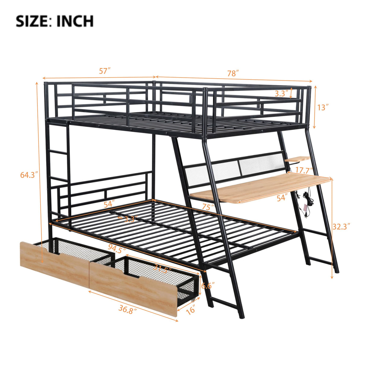 Full Over Full Bunk Bed with LED Lights Heavy Duty Metal Bunk Bed with Desk and Storage Drawers, Game Room Bunk Beds for Small Space, Black MaiDeHaoo