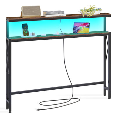 FAVOOSTY 5.9" Narrow Console Table with Led 46.8" Industrial Entryway Table with Storage Shelves, Thin Sofa Table for Living Room, Hallway, Entry Way, Foyer, Kitchen, Rustic Brown&Black