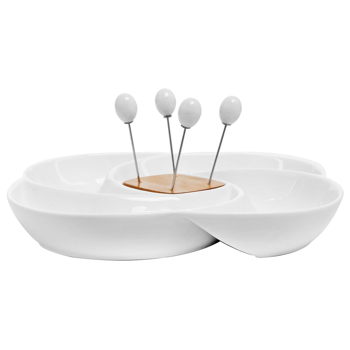 MyGift Decorative White Ceramic Charcuterie Platter Appetizer Olive Bowl Serving Tray with Food Picks and Wood Holder MyGift