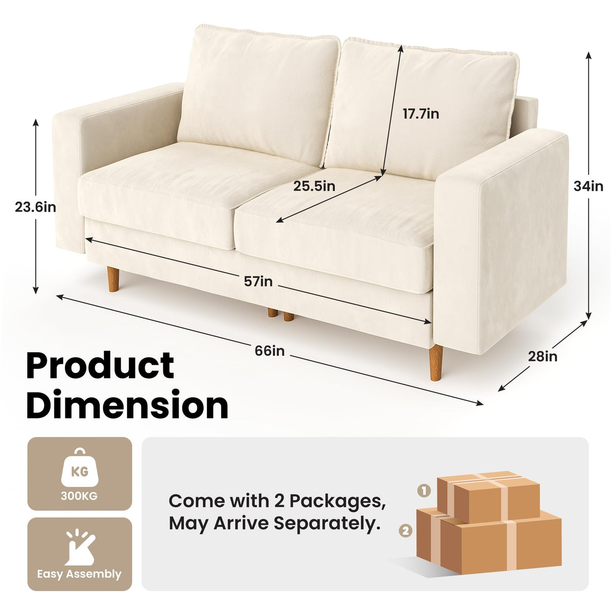 Pamapic 66“ Loveseat Sofa,2 Seater Love seat Couch,Comfy Dutch Velvet Cushion,Deep Love Seat,Removable Washable Loveseat,Modern Love Seat Couches for Living Room,Bedroom, Apartment,Loft,Cream Pamapic