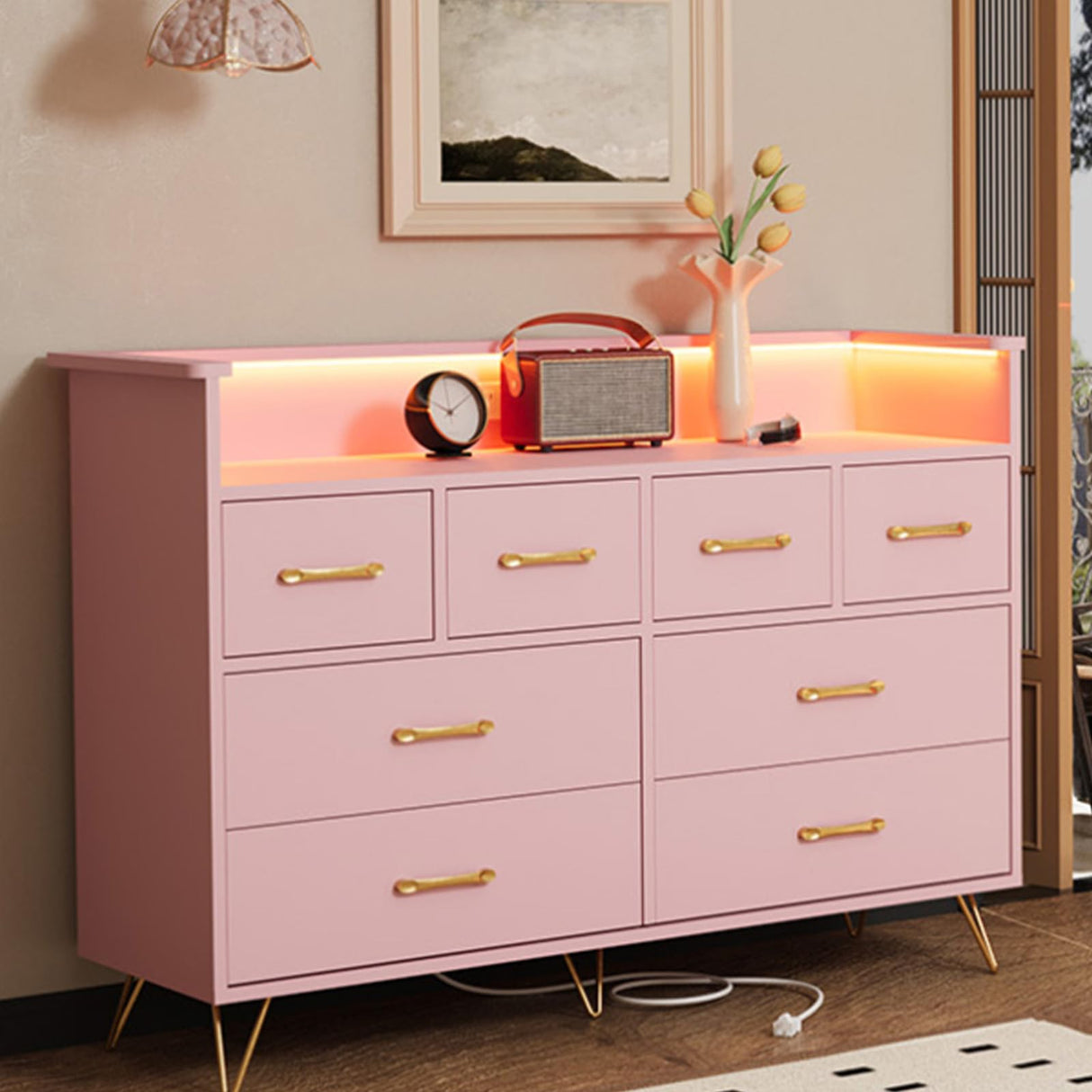 Patikuin Pink Dresser for Bedroom with LED Light & Charging Station, 8 Drawers Wooden Dressers for Women with Open Space, Modern Chest of Wide Drawers for Girls Bedroom Living Room, Entryway, Hallway Patikuin