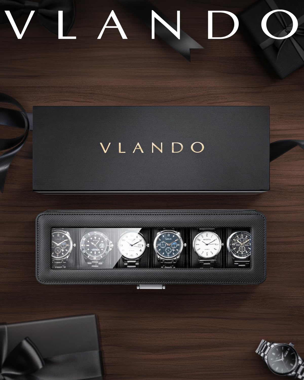 Vlando Watch Case for Fathers Day Gifts, 6-Slot Watch Box for Men with Glass Lid, Lockable, Business Textured Leather, Soft Pillow, Gifts for Dad, Husband, Friends - Black Vlando