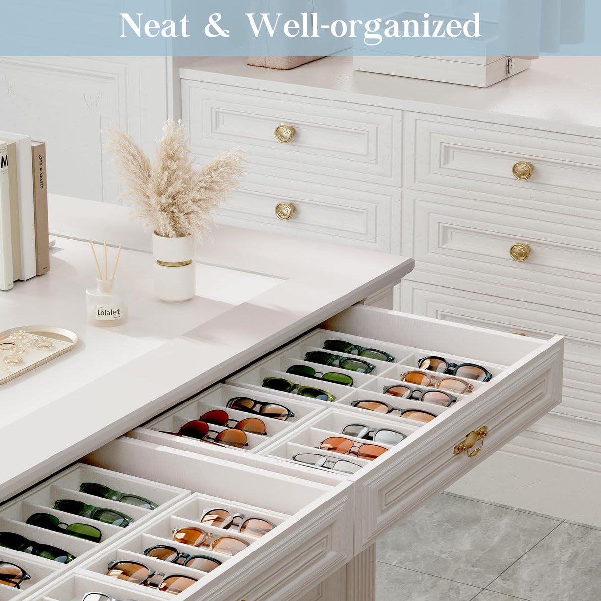 Lolalet Sunglasses Organizer Tray, 8 Grids Velvet Glasses Eyewear Holder Trays, Sunglass Display Drawer Storage for Women Men -1 Pack, Beige Lolalet