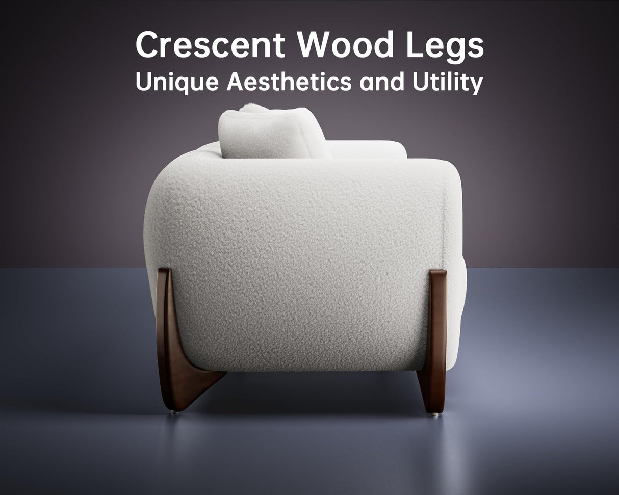 Morden Fort Modern Cloud Couch - 3 Seater Boucle Sofa with Crescent Wood Legs, Ultra-Thick High Resilience Cushion with 3 Matching Pillows Upholyster Comfy Couch Sofa for Living Room - Off White Morden Fort