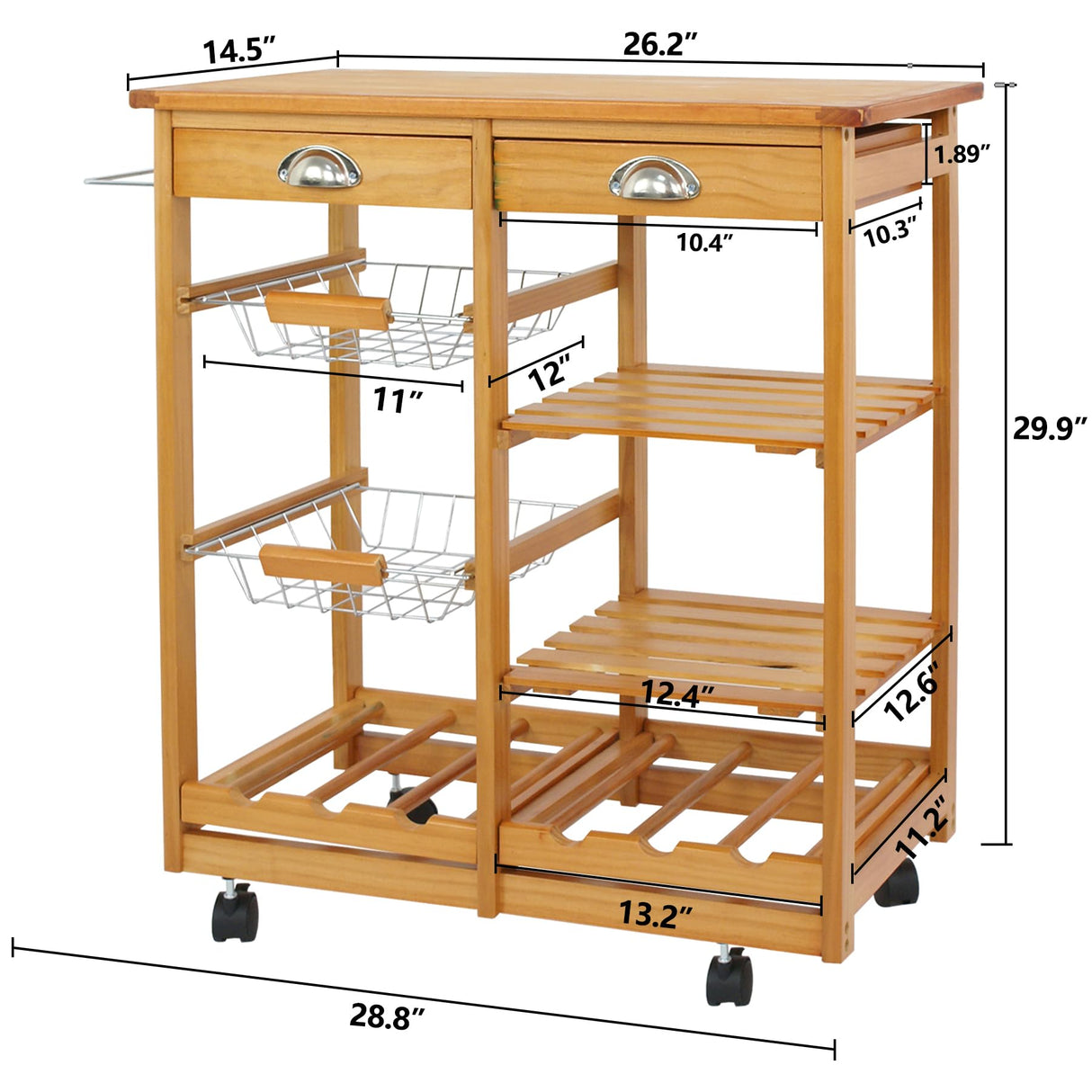 ZENY 4-Tier Stylish Wooden Kitchen Storage Cart with Drawers & Baskets ZENY