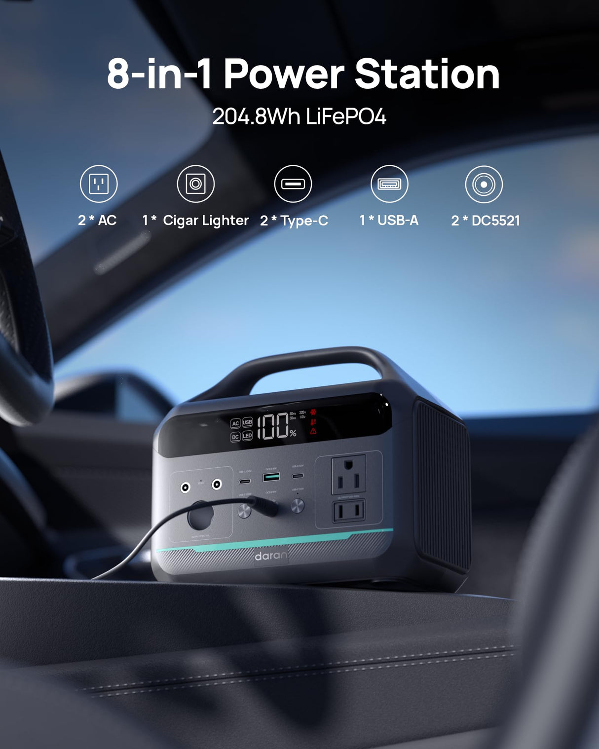 DaranEner Portable Power Station, 204Wh LiFePO4 Battery Backup w/ 2 300W (Surge 600W) AC Outlets, PD100W Fast Charging Outlet, Solar Generator for Outdoors Camping Travelling and Emergencies DaranEner