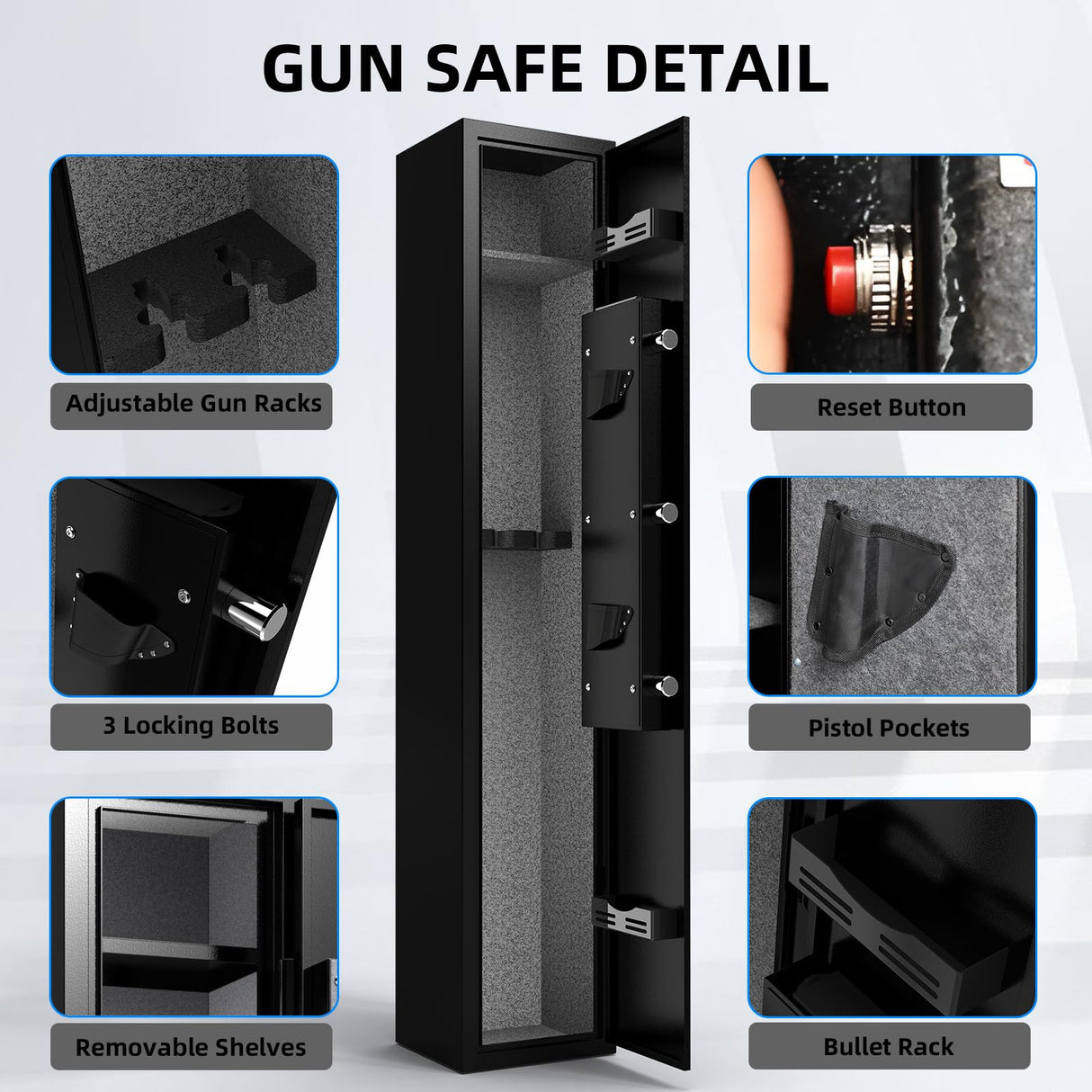 Emasme Gun Safe,Gun Safes & Cabinets Heavy-Duty Gun Safe for Home Rifle Pistols and Shotguns, Gun Cabinet Lock with Adjustable Rack, Pockets and Removable Shelf and Gun Rack Emasme