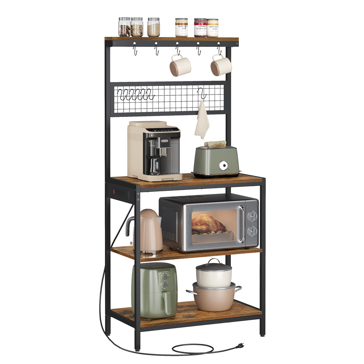 VASAGLE Bakers Rack with Charging Station, 31.5 Inches Coffee Bar Stand with Adjustable Storage Shelf, Grid Panel, 12 Hooks, Table for Microwave, Kitchen, Rustic Brown and Ink Black UKKS016K01 VASAGLE