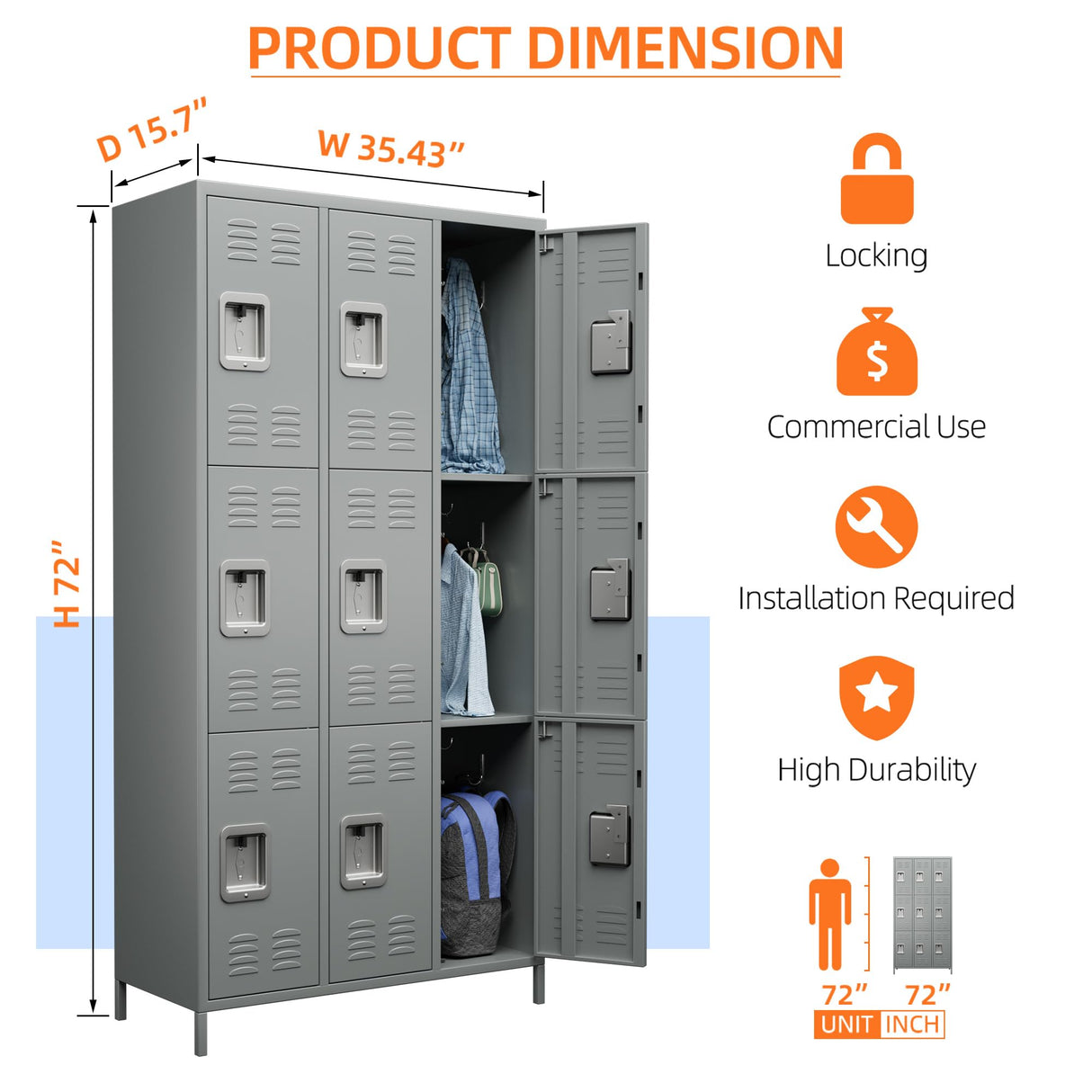 SUXXAN Employee Metal Locker, 72" Tall Metal Storage Lockers with 9 Doors, Lockers for Storage in Gyms, Homes, Garages, and Offices with SUXXAN