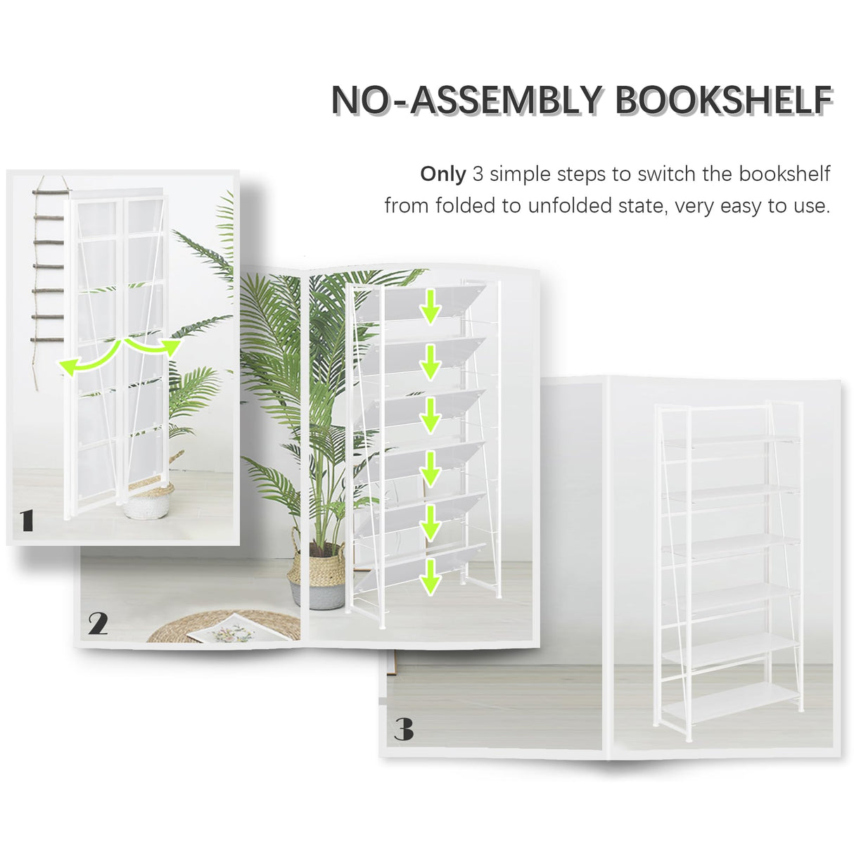 4NM No Assembly Folding Bookshelf, 6-Shelf 74" H Collapsible Foldable Bookcase Storage for Small Spaces, All White 4NM