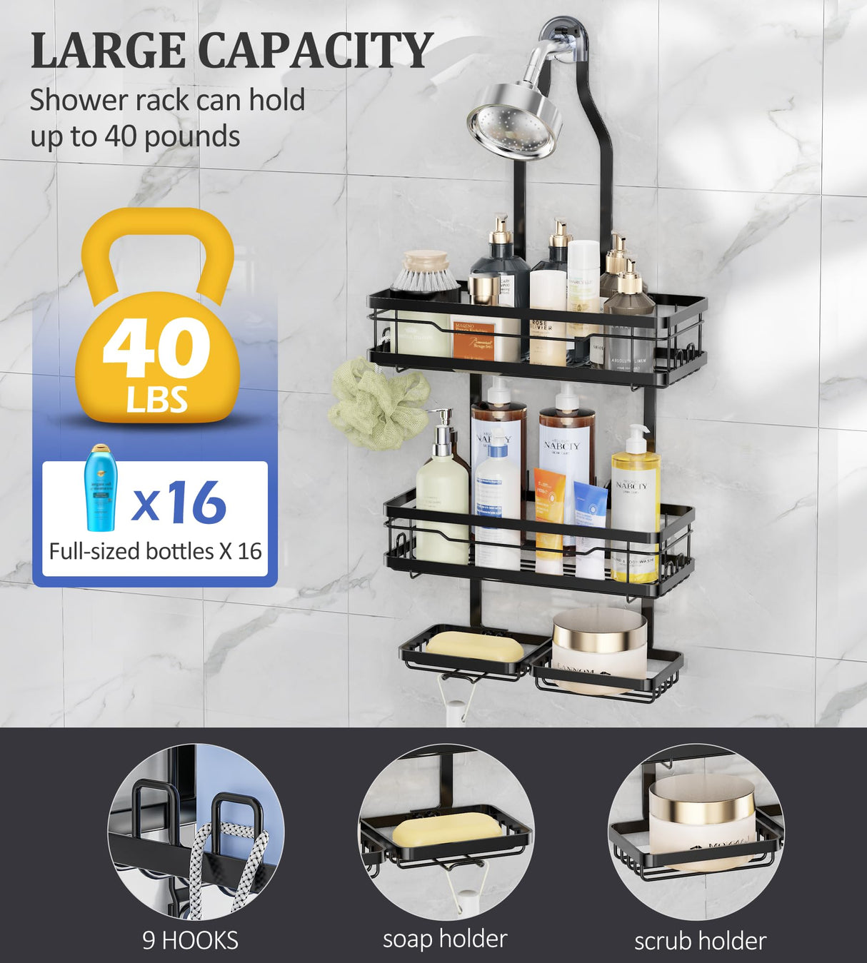 OMAIRA Shower Caddy Hanging with Soap Scrub Holder, Stainless Steel Adjustable No Drilling Non-Slip Large Capacity Sturdy Over Shower Head Shower Organizer Inside Shelves Bathroom Storage Rack, Black OMAIRA