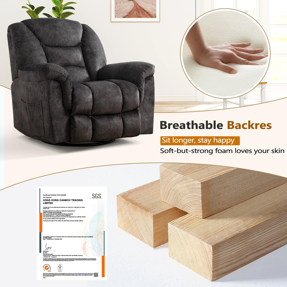 ANJ Rocking Recliner Chair Oversized Swivel Rocker Recliners, Comfy Glider Rocking Chairs for Big Man, Extra Wide Recliners Overstuffed Reclining Chair for Living Room, Grey ANJ