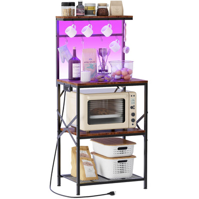 Kitchen Bakers Rack with Power Outlet & LED Lights, Small Coffee Bar Table with Adjustable Storage Shelf, 4 Tiers Microwave Stand with 8 Hooks, Coffee Station for Appliance Organizer, Rustic Brown