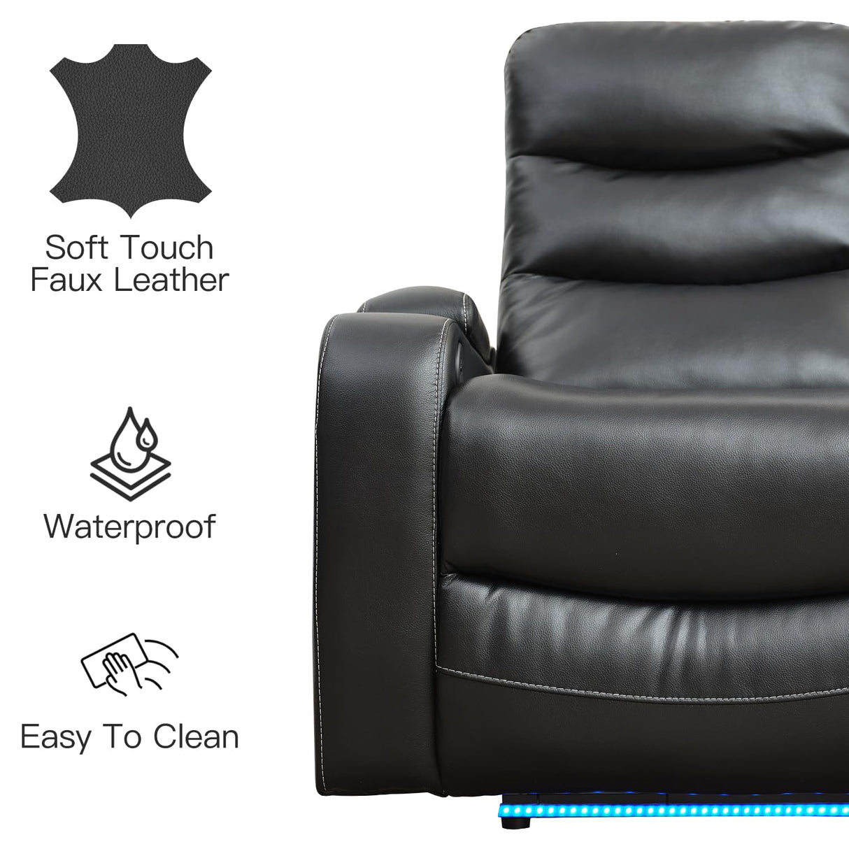 Electric Power Recliner Chair with LED Lights, Home Theater Seating with Swivel Tray Table, Faux Leather Recline Single Sofa Chair for Living Room with Hidden Arm Storage, Cup Holders, Black, 1 Piece Comfort Stretch
