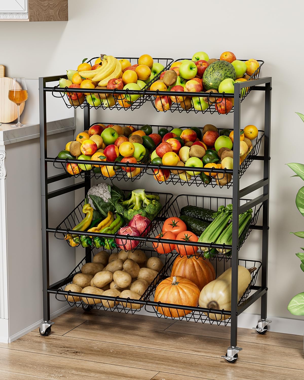 Evermagin Kitchen Storage Cart, Rolling Snack Cart, 25.2''W 4 Tier Fruit Basket Stand, Metal Pantry Storage with Stackable Wire Basket, Black Evermagin