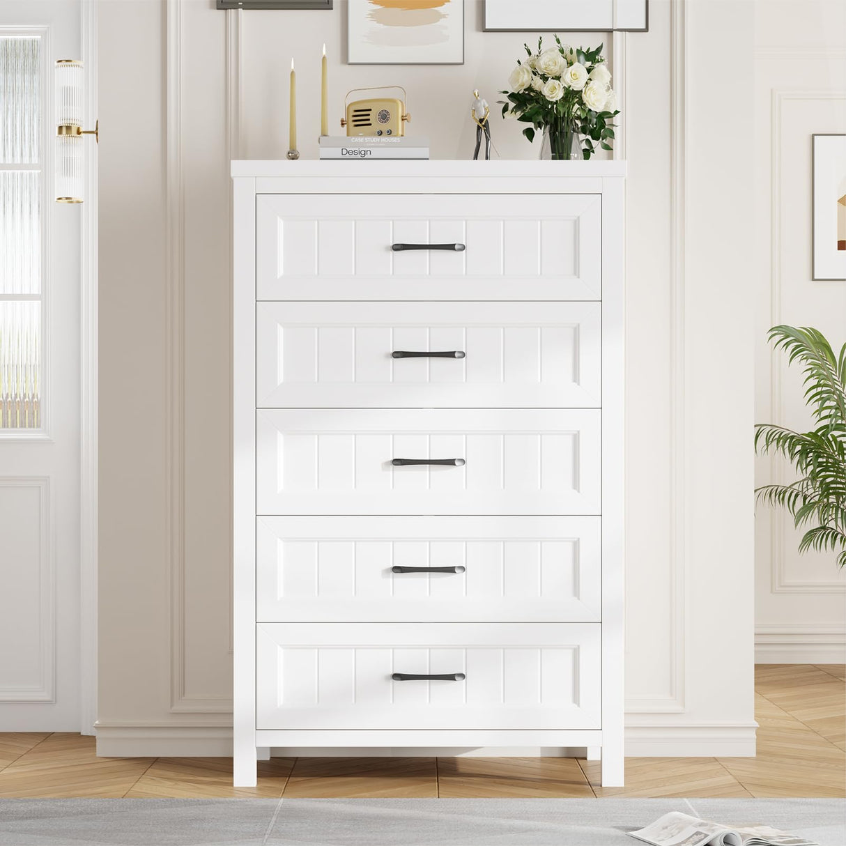 Jocoevol 5 Drawer Dresser for Bedroom - Farmhouse 44.9" Tall Chest of Dresser with Large Storage, Rubst Wood Construction for Living Room, Hallway & Entryway - White Jocoevol