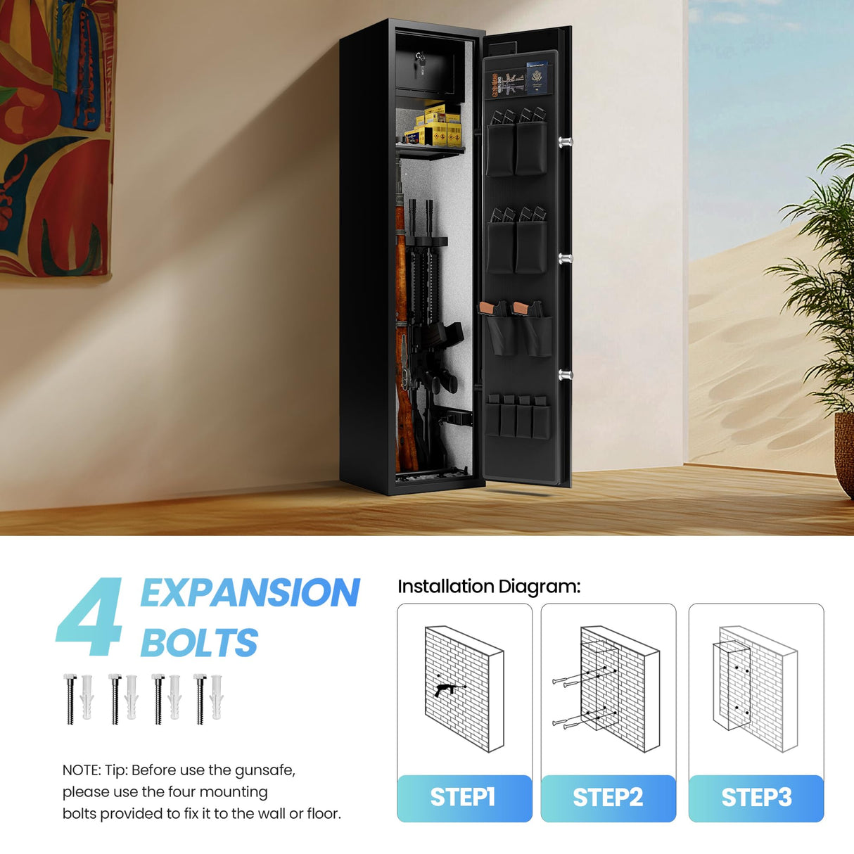 KornerBatl 110 lb Biometric Gun Safe for Rifles and Pistols with Power Outlet Kit (2 USB & Standard Outlets) - Quick Access 5 Gun Safes & Cabinets with Gun Organizer, Removable Shelf and LED Light KornerBatl