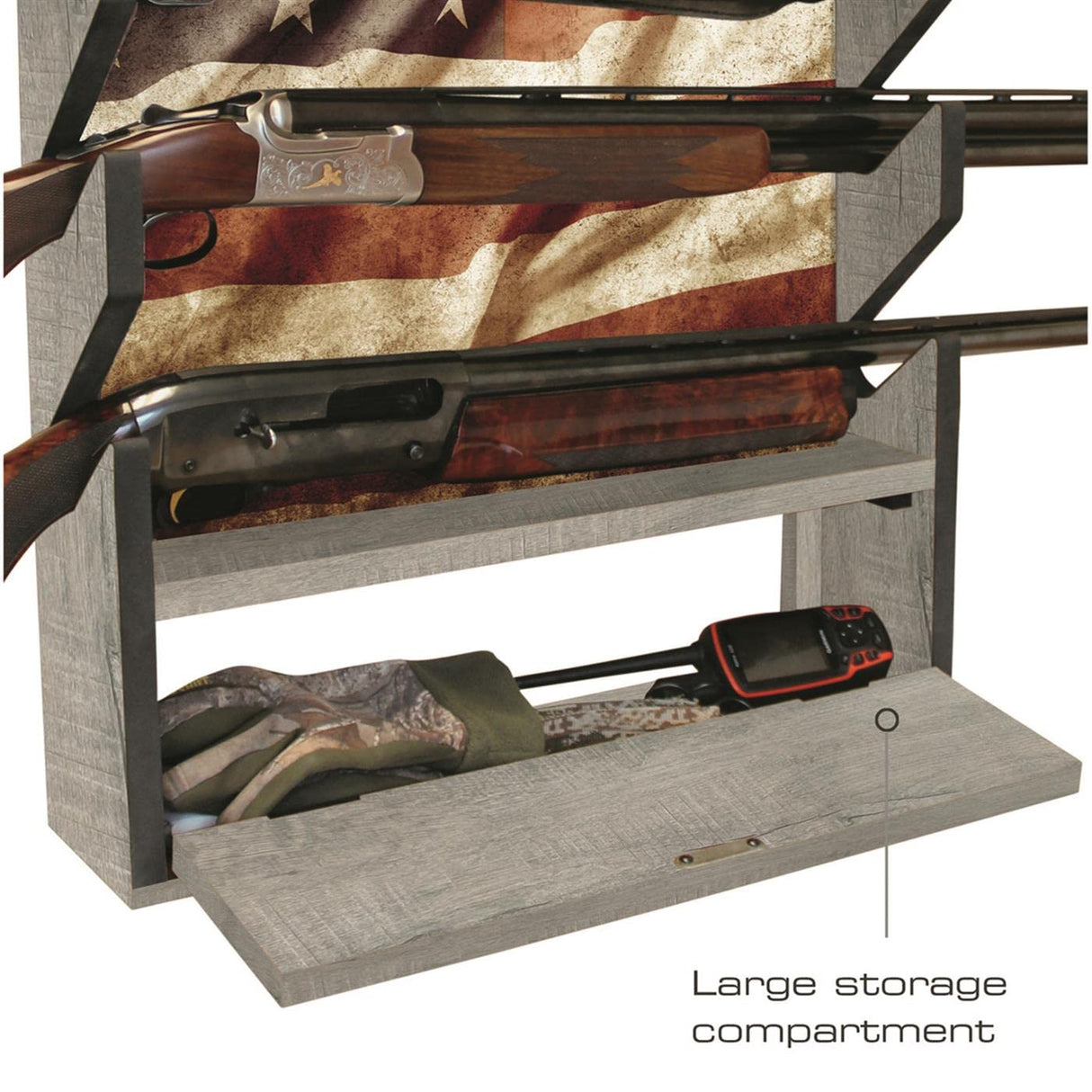 Rush Creek Creations, Patriotic Gun Rack for Wall, Storage for 4 Guns, Rifles or Shotguns, American Flag Gun Rack Display, Wall Mount, Additional Storage for Gun Accessories Rush Creek Creations