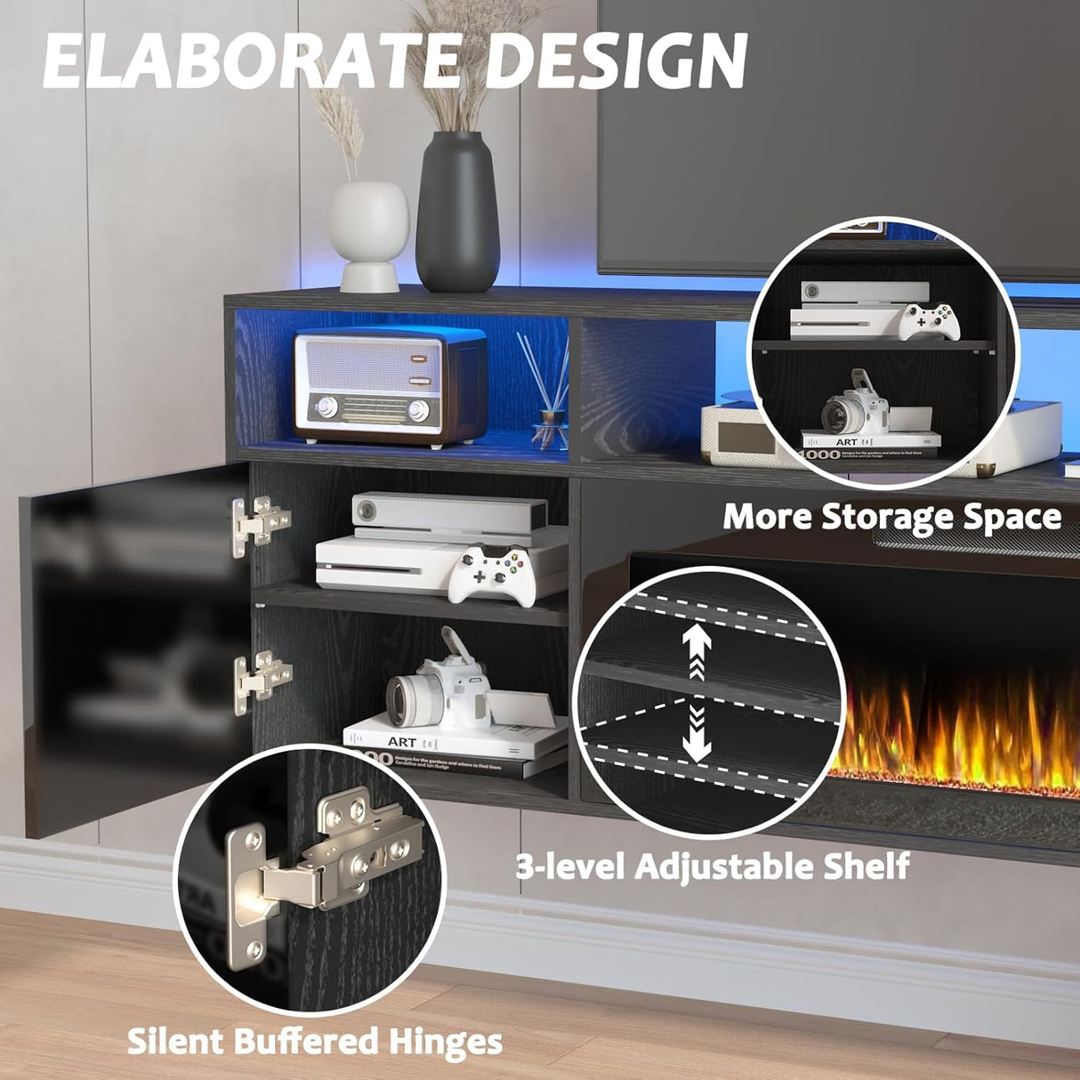 PUKAMI 70" Floating TV Stand with 36" Electric Fireplace,Wall Mounted Fireplace Entertainment Center with LED Lights and Highlight Storage Cabinet for TVs up to 80", for Living Room (Black) PUKAMI