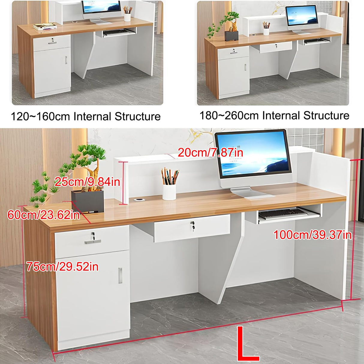 Modern Reception Desk with Counter, Salon Reception Desk with Lockable Drawer & Door Cabinet & Light Strip Receptionist for Office Boutique Lobby Shop cartBit