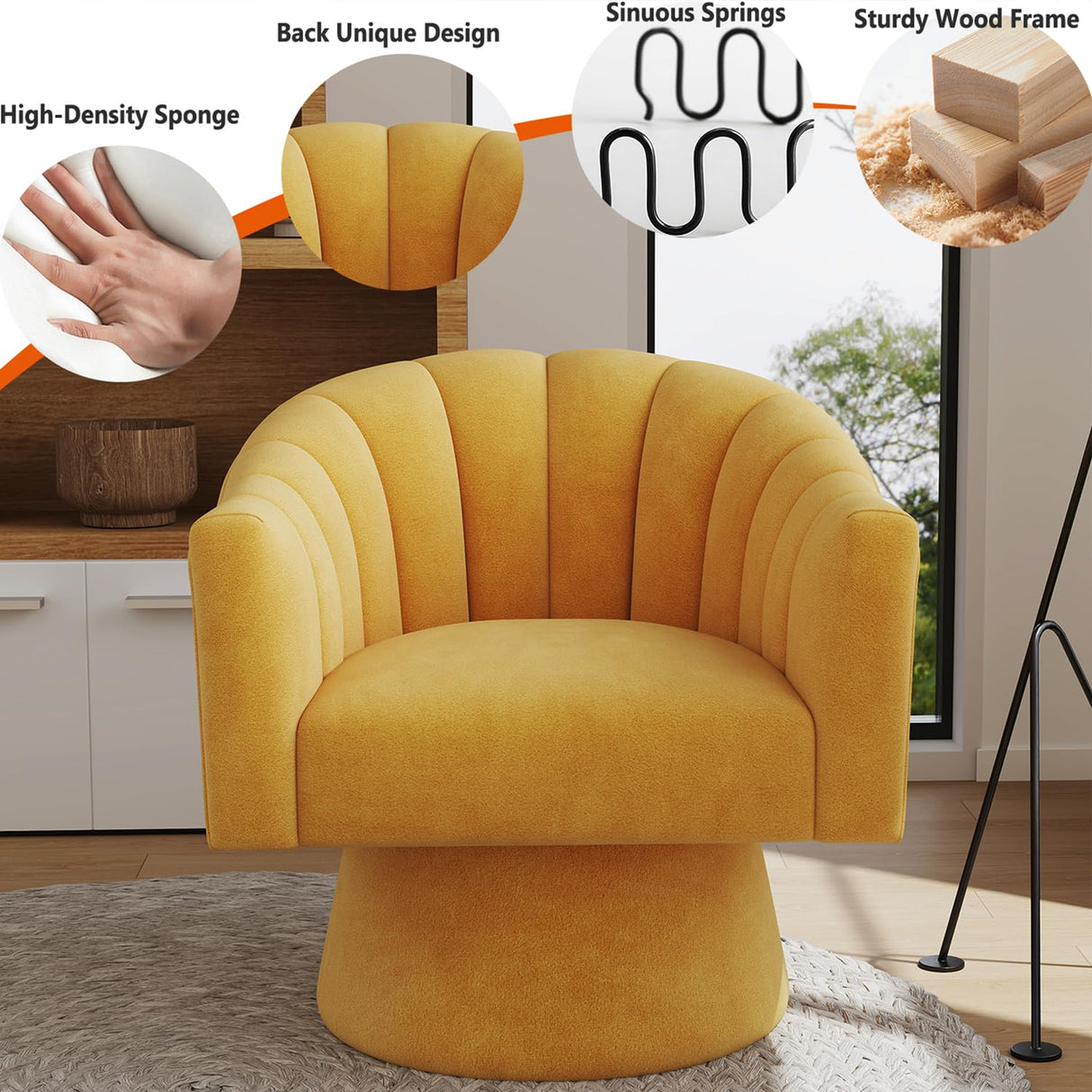 Swivel Accent Chair,Upholstered Velvet 360° Swivel Barrel Chair for Living Room Overstuffed Bouncle Reading Chair Round Armchair for Bedroom,Vanity,Office(Mustard) SEYNAR
