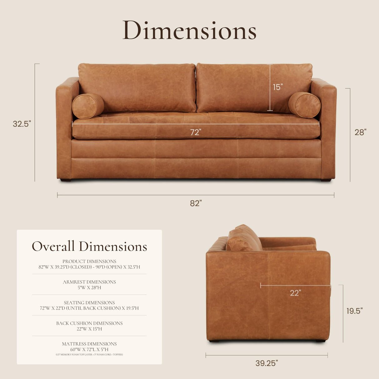 Poly & Bark Napa 82" Leather Pull‑Out Sleeper Sofa – Full‑Grain Italian Leather Upholstery,Tri‑Layer Mattress & Storage Console –Sophisticated Multi‑Functional Sofa Bed for Living Rooms & Guest Spaces POLY & BARK