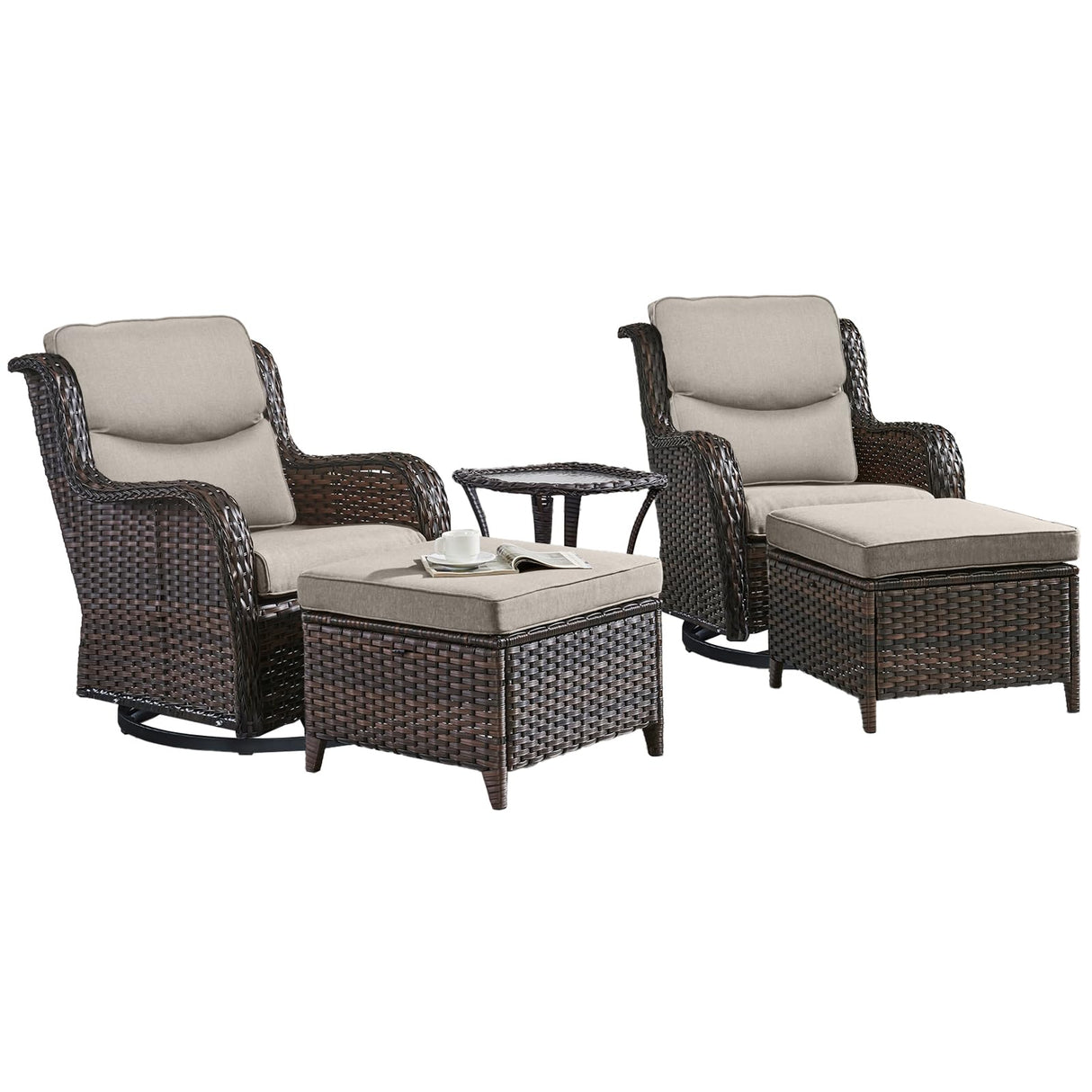 Rilyson Wicker Patio Furniture Set - 5 Piece Rattan Outdoor Sectional Conversation Sets with 2 Swivel Rocking Chairs,2 Ottomans and 1 Side Table for Porch Deck Garden(Brown/Beige/Smile) Rilyson