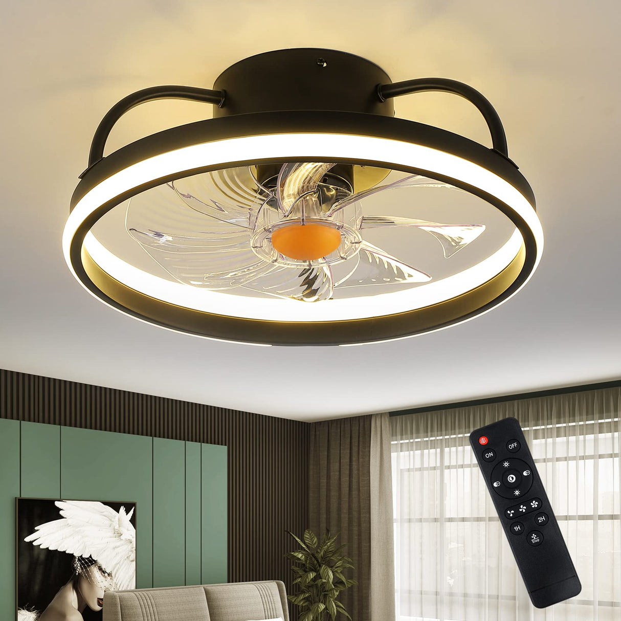 Mpayel Flush Mount Ceiling Fans with Lights and Remote Control,Modern Enclosed Bladeless,15'' Low Profile Ceiling Fan with Stepless Dimming Lighting Fixture for Bedroom Kitchen(Black)…… Mpayel