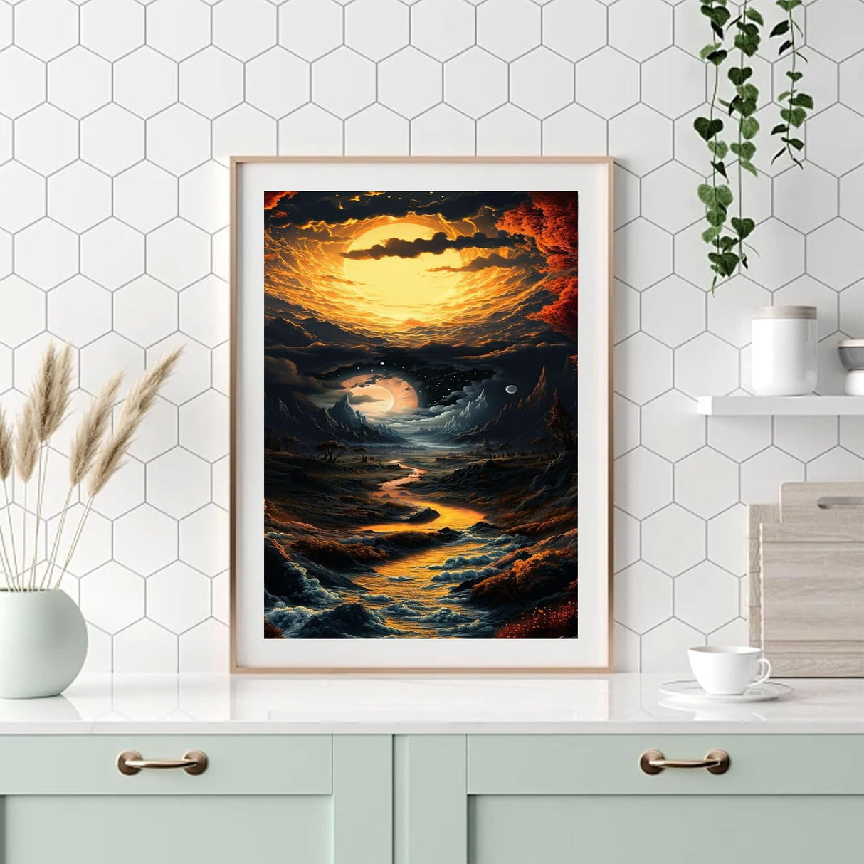 hyzsj Paint by Numbers Kit for Adults with Frame, Landscape Paint by Number Canvas, Mountain Paint by Numbers with Easel, DIY Moon Scenery Paint by Number Kits for Home Wall Decor(11.8x15.7inch hyzsj