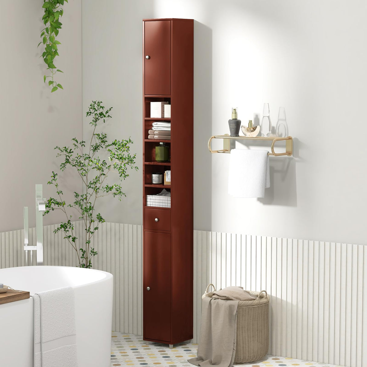 Tangkula Tall Slim Bathroom Storage Cabinet, 71" Freestanding Bathroom Cabinet w/ 2 Doors, 1 Drawer & 5 Adjustable Shelves, Floor Narrow Tower Cabinet for Small Spaces, 8" x 8" x 71" (Brown) Tangkula