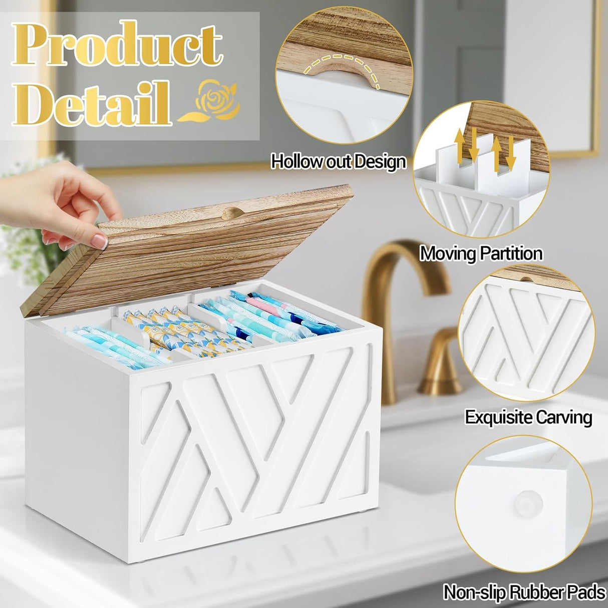 2 PCS White Tampon Holder for Bathroom Decor, Feminine Product Organizer With Lid, Shark Week Storage, Wood Pad Box for Toilet, Bathroom Accessories Jorkol