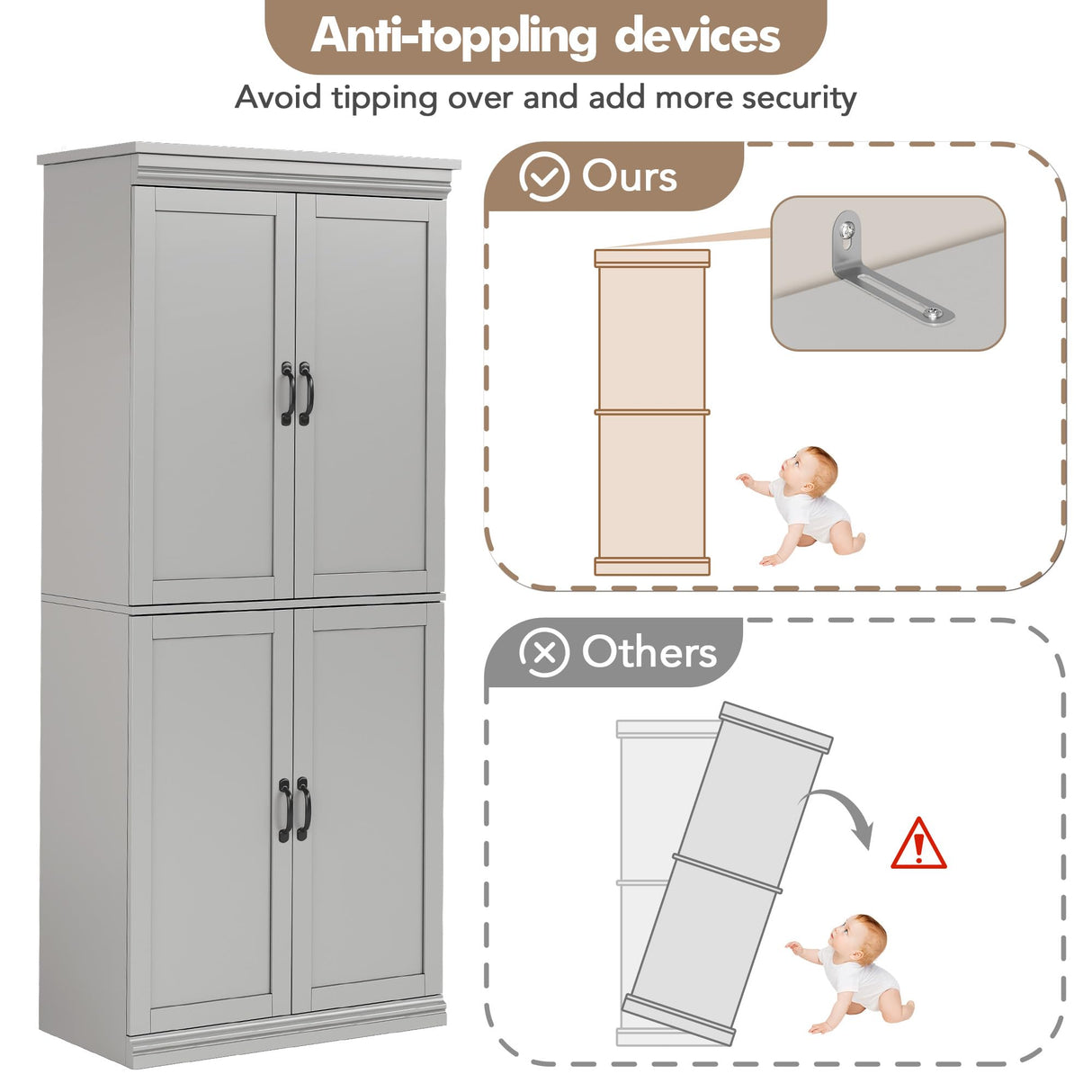 GarveeHome Pantry Cabinet, Freestanding Kitchen Pantry Storage Cabinet,70" Cupboard, Tall Storage Cabinet with Doors and Adjustable Shelves, for Bathroom, Dining Room, Living Room, Gray GarveeHome