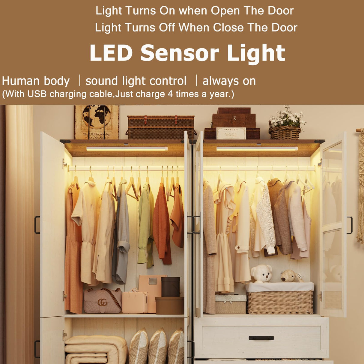 75" Tall Farmhouse 4 Doors Armoire Wardrobe Closet with 3 Drawers and LED,Freestanding Closet Wardrobe Cabinet for Bedroom with Hanging Rod,Wooden Armoire Storage Cabinet Adjustable(Rustic Off White) Hlivelood